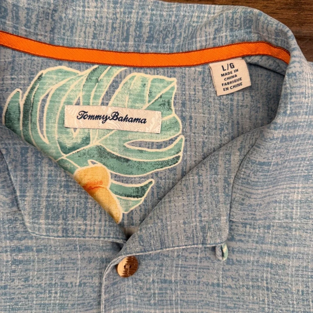 Tommy Bahama IslandZone Silk Shirt Mens L Blue Floral Monstera Leaf Button Up - Picture 7 of 9
